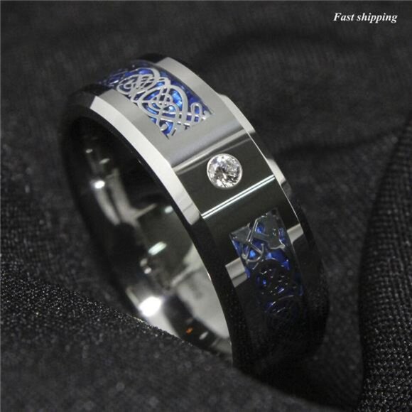 Men's Wedding Band Rings - Silver Celtic Dragon CZ Rings for Men and Women - Picture 2 of 7